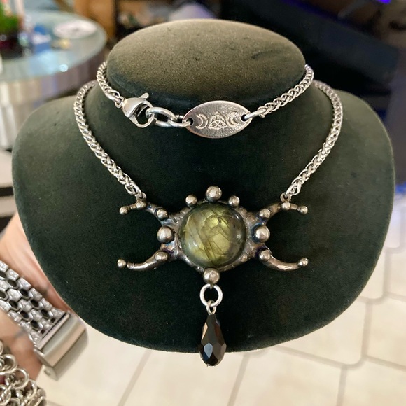 Natural labradorite gemstone triple moon goddess charm boho goth necklace . - Picture 9 of 12